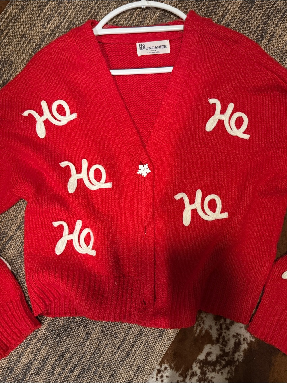 No Boundaries Women’s Red Holiday 'Ho' Embroidered Cardigan - XL